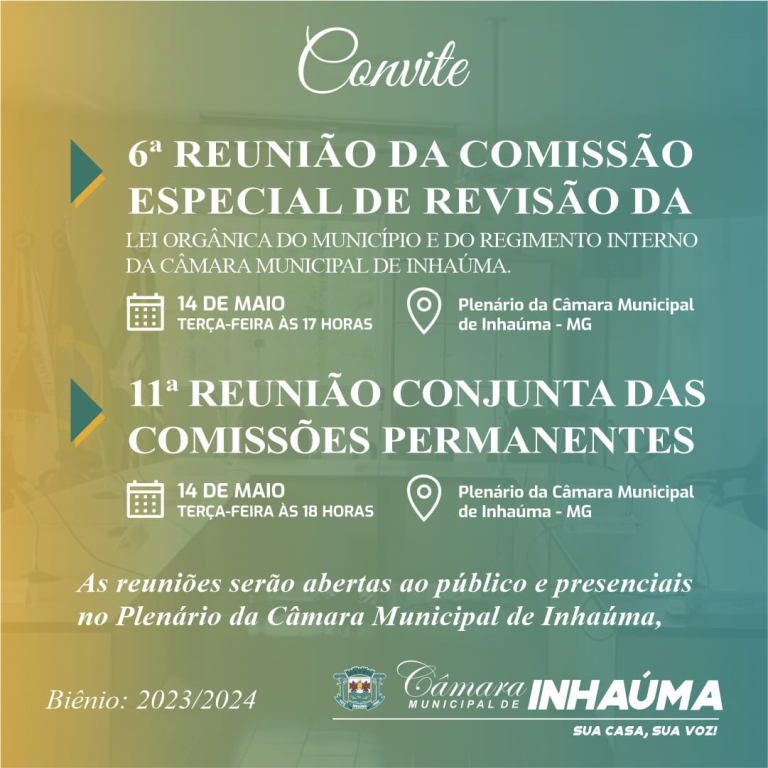 Reunião de Comissões Especiais:
6ª Reunião da Comissão Especial de Revisão da Lei Orgânica do Município e do Regimento Interno
11ª Reunião Conjunta das Comissões Permanentes