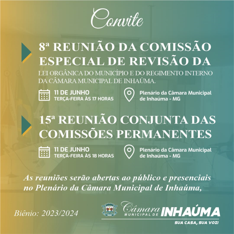 Reunião de Comissões Especiais:
8ª Reunião da Comissão Especial de Revisão da Lei Orgânica do Municípío e do Regimento Interno
15ª Reunião Conjunta das Comissões Permanentes