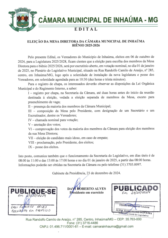 EDITAL
ELEIÇÃO DA MESA DIRETORA DA CÂMARA MUNICIPAL DE INHAÚMA BIÊNIO 2025-2026