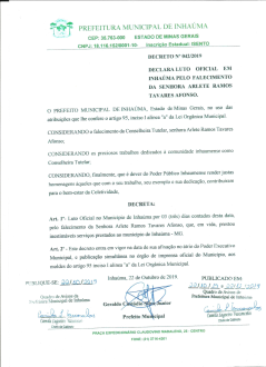Decreto n°042/2019 do Executivo Municipal - Decreta Luto Oficial em Inhaúma pelo falecimento da senhora Arlete Ramos Tavares Afonso