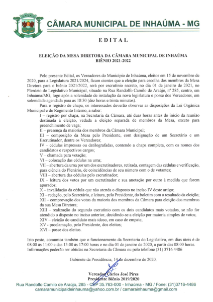 Edital de Eleição da Mesa Diretora da Câmara Municipal de Inhaúma biênio 2021-2022