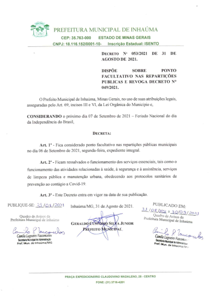 Decreto Ponto Facultativo Feriado da Independência