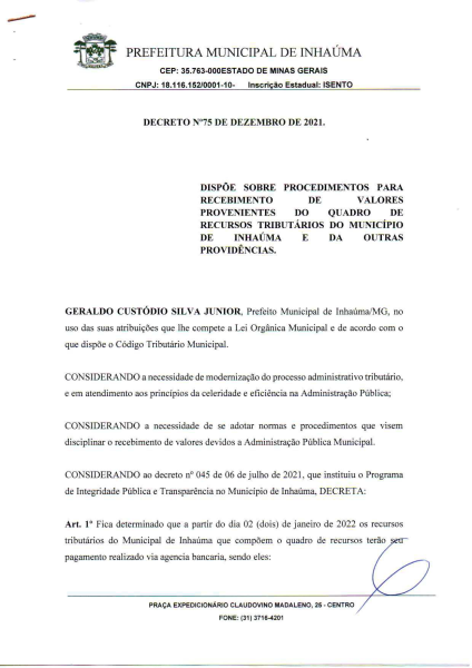 Decreto Municipal n°75/2021 - Que dispõe sobre os procedimentos para recebimento de valores provenientes de recursos tributários