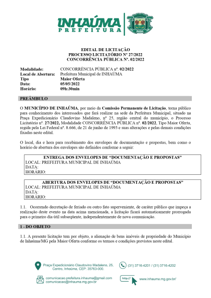 Edital Processo Licitatóeio n°27/2022, modalidade Concorrência Pública n°02/2022 - Alienação de bens imóveis - Prefeitura Municipal de Inhaúma